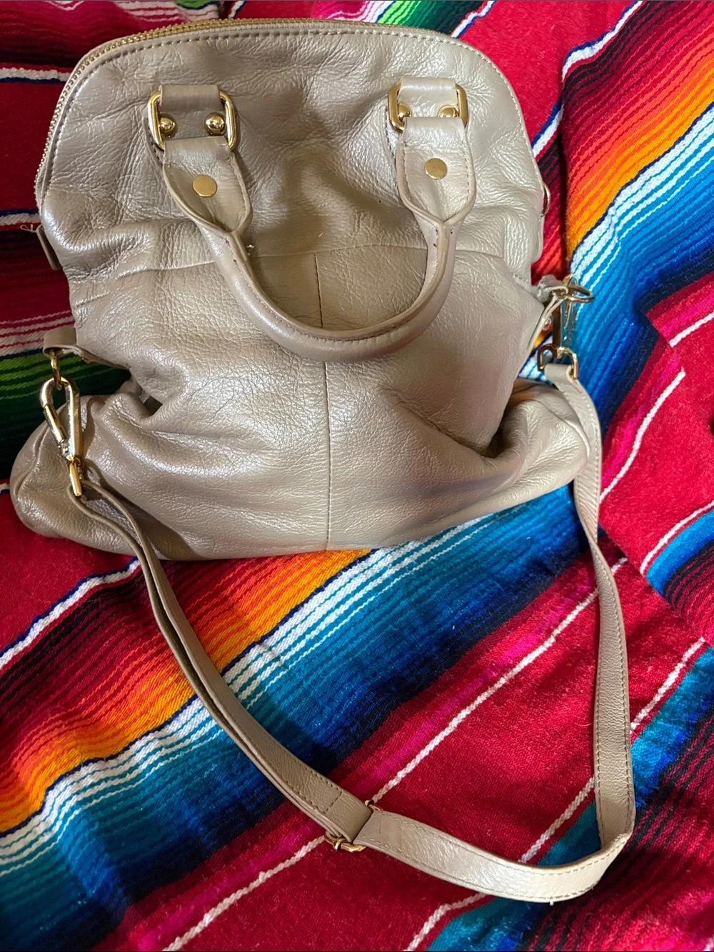 Emma Fox Pearl Beige Leather Satchel with Gold-Tone Hardware